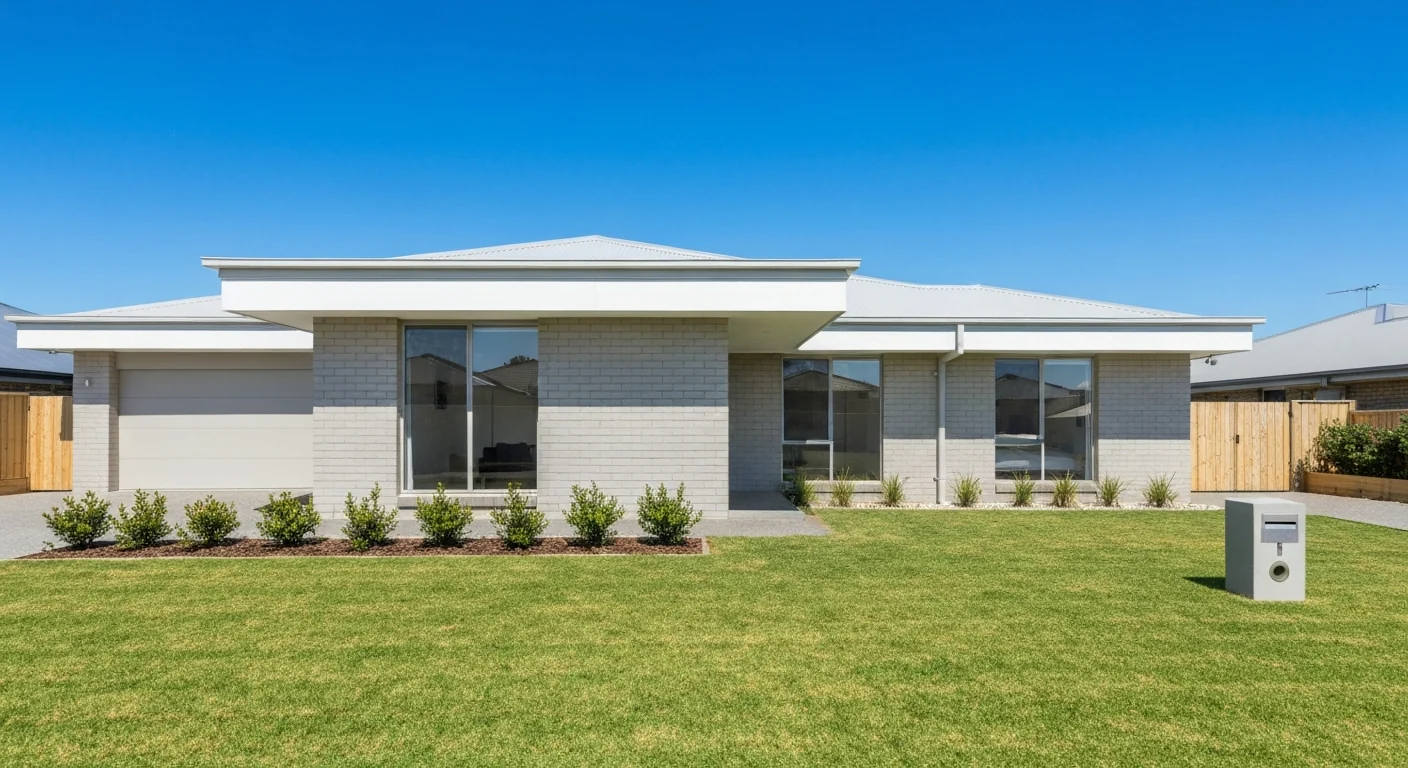 Light grey single-storey home with white roof and front lawn