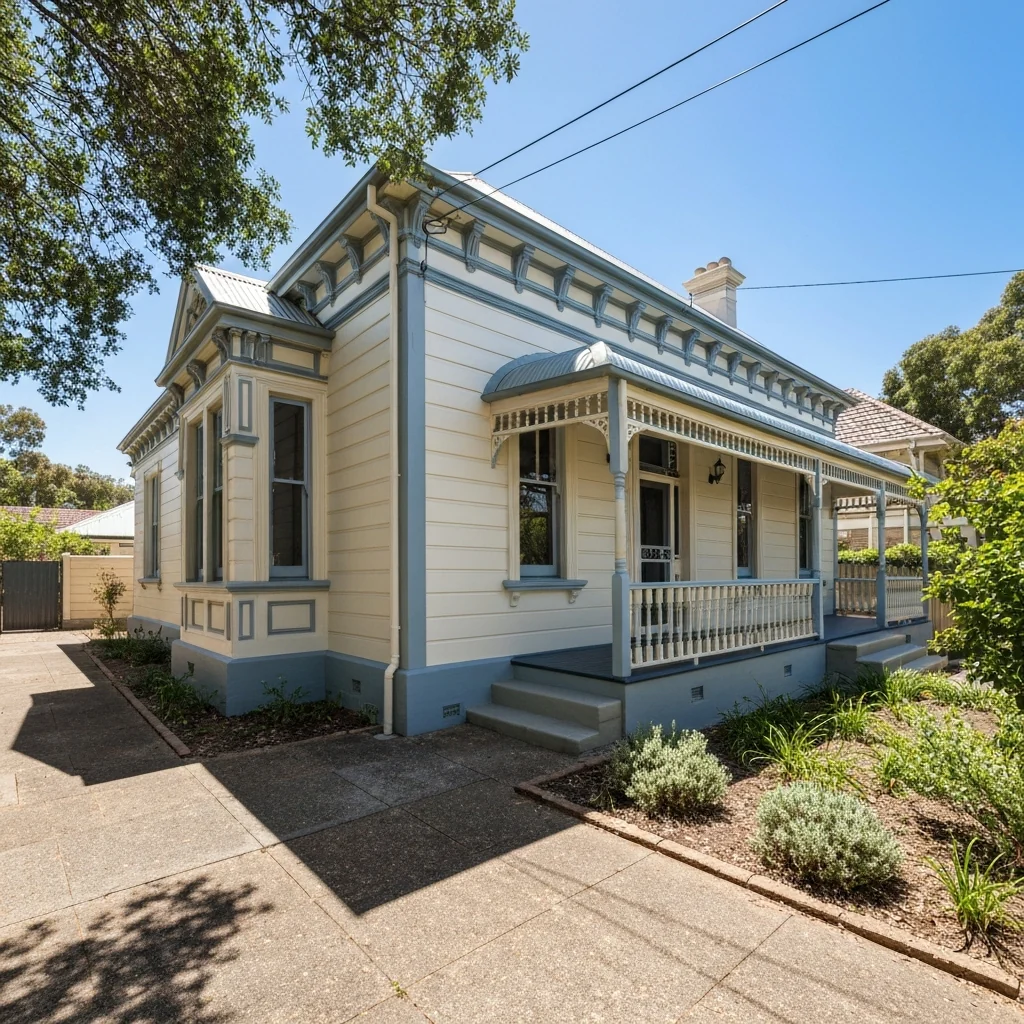 Traditional weatherboard home with cream walls and grey detailing