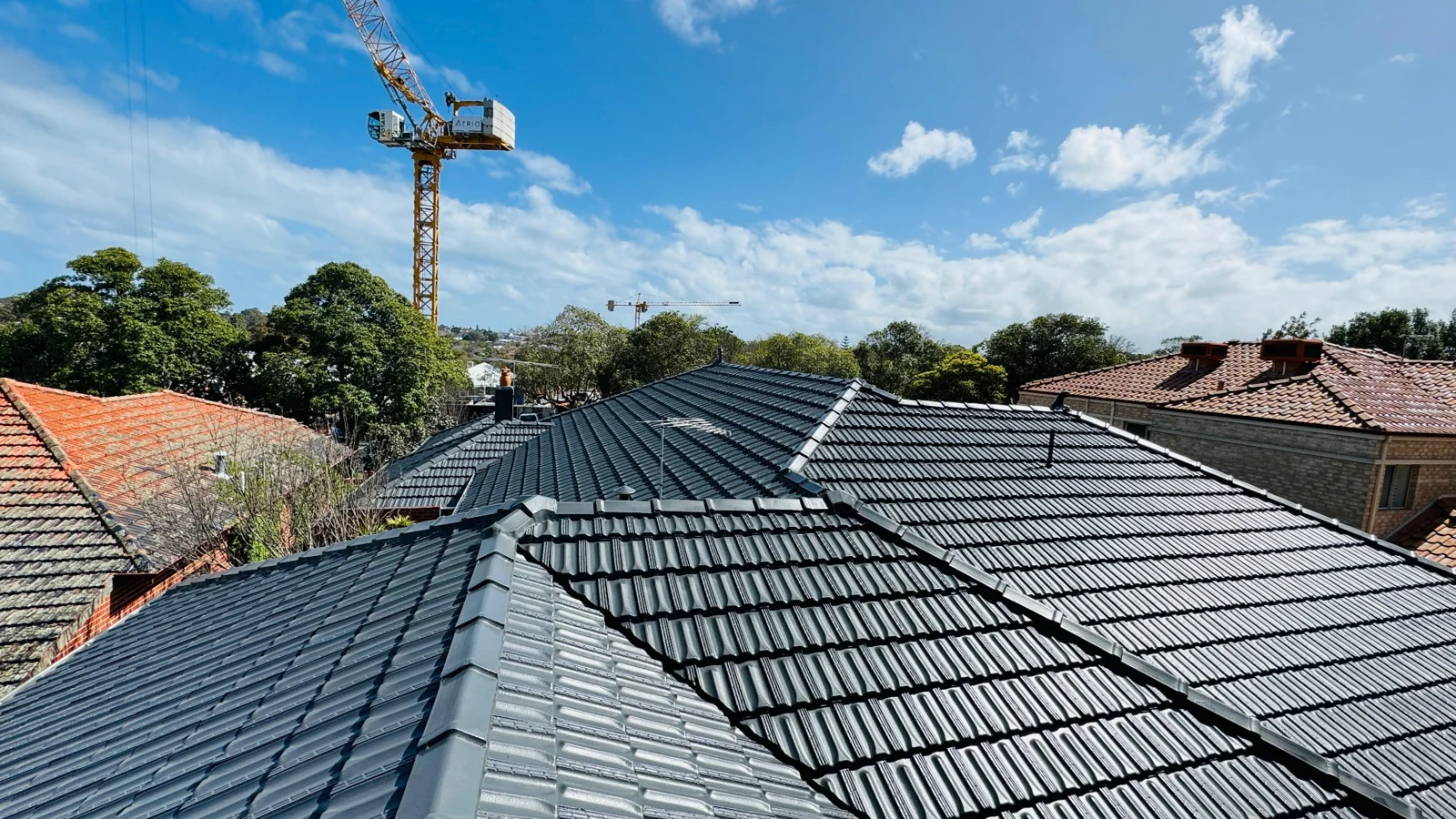 Freshly painted dark grey tiled roof